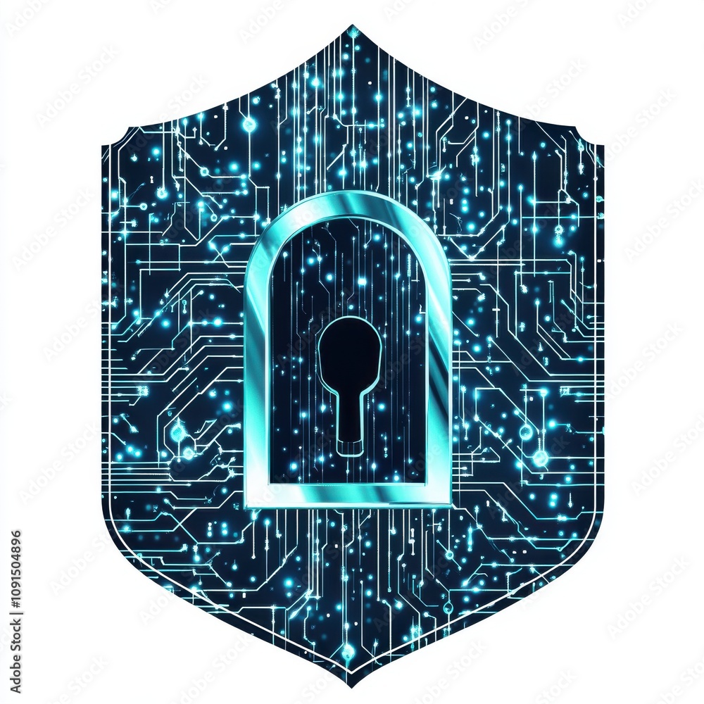 Poster a digital shield with a lock, symbolizing cybersecurity and data protection in a modern, tech-inspir