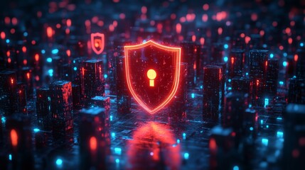 A digital shield symbolizing cybersecurity amidst a futuristic cityscape.