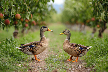 Fototapeta premium Ducks in an Orchard Path