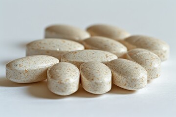 Obraz premium A close-up of several beige, oval-shaped dietary supplements arranged on a light surface.