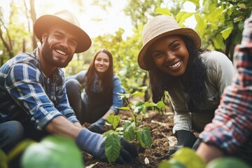 Community Planting Trees Together in Sunlight