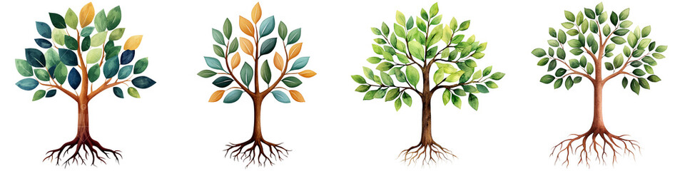 Obraz premium decision-making and strategy critical thinking concept, Four stylized trees displaying varying leaf colors and shapes, each illustrating distinct seasonal characteristics.