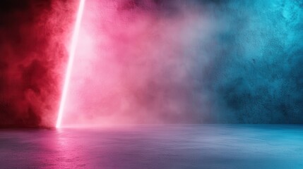 A vibrant scene displaying a diagonal neon light beam dividing a misty red and blue abstract background on a reflective surface.