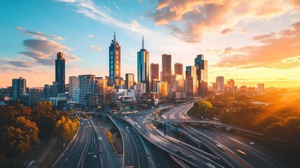 Fototapeta premium Cityscape with Skyscrapers and Highway Interchanges at Sunset