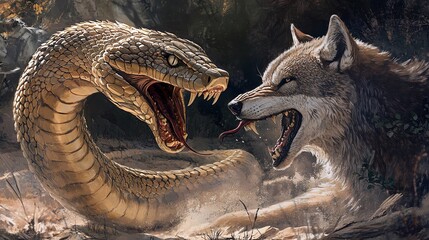 Naklejka premium A dramatic encounter between a fierce snake and a howling wolf in a wild environment.