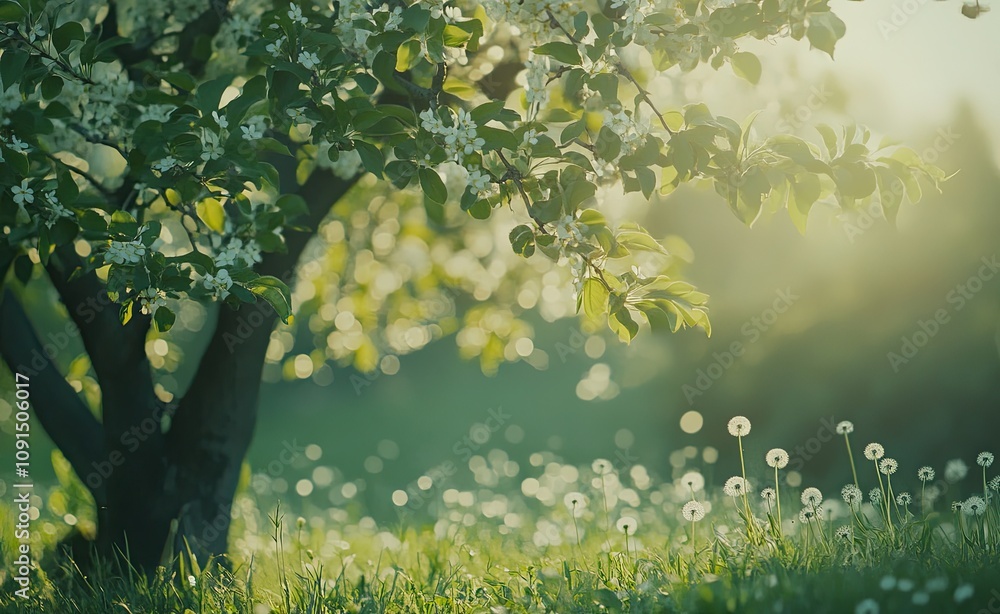 Wall mural Beautiful spring nature background with a blooming apple tree, green grass, and dandelions in a sunny park