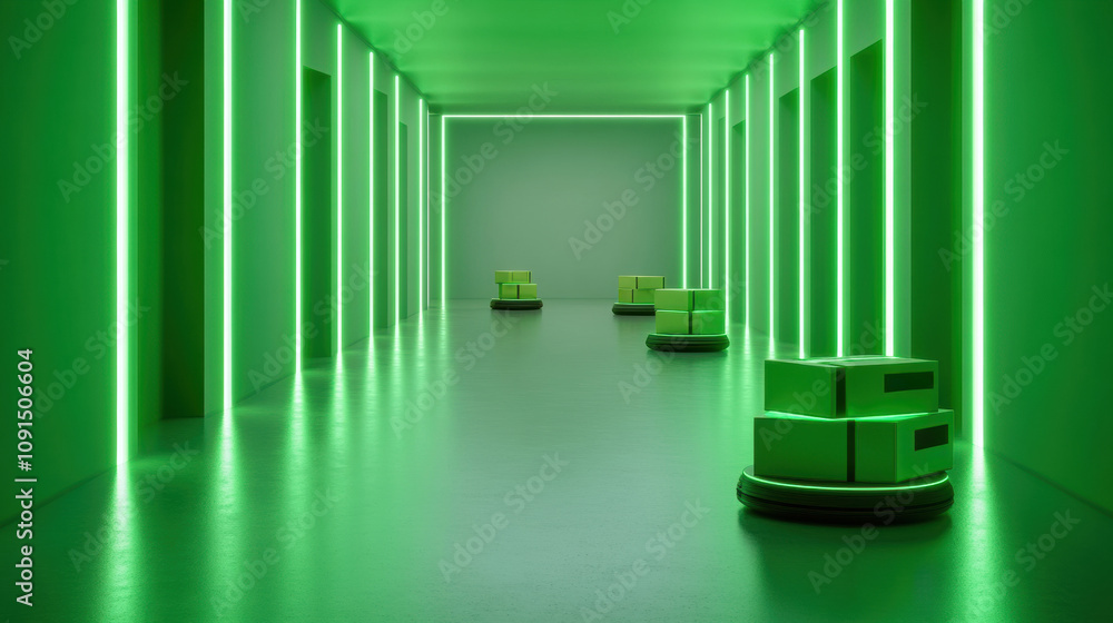 Poster futuristic warehouse with automated robots transporting packages in a green-lit corridor, ai