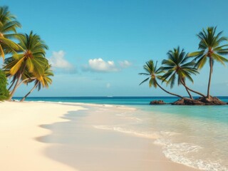 Obraz premium Sandy beach with crystal clear blue water and palm trees, serene, outdoors