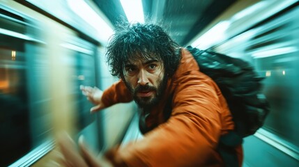 A dynamic image of a man blurred in motion while running inside a fast-moving subway train, capturing the essence of speed and urgency in an urban environment.