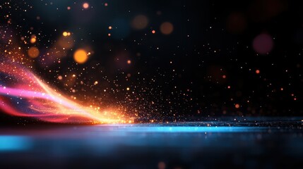 A fiery burst of color sweeps gloriously against a vibrant, blue night sky, its brilliance exploding in a shower of abstract and expressive visual dynamics.