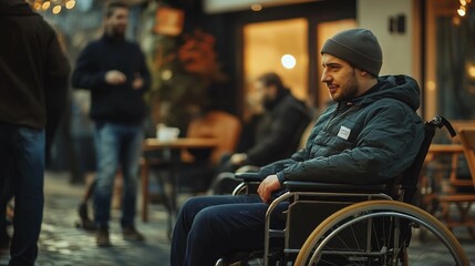 a man sitting in a wheel chair on a sidewalk