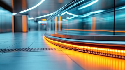 A cinematic view along a futuristic walkway with lines of orange lights, capturing the essence of modern design, innovation, and direction in urban transport.