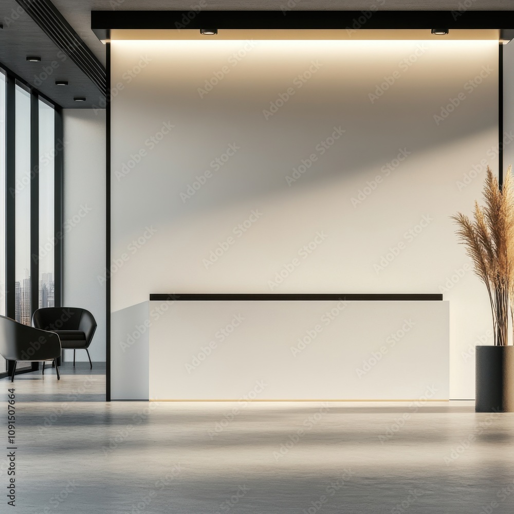 Poster modern minimalist reception area with elegant design features and natural light streaming in from ta
