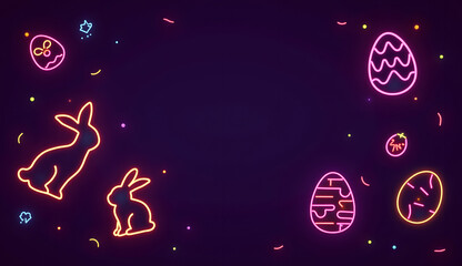 Naklejka premium Colorful Easter bunny and eggs neon illustration with copy space