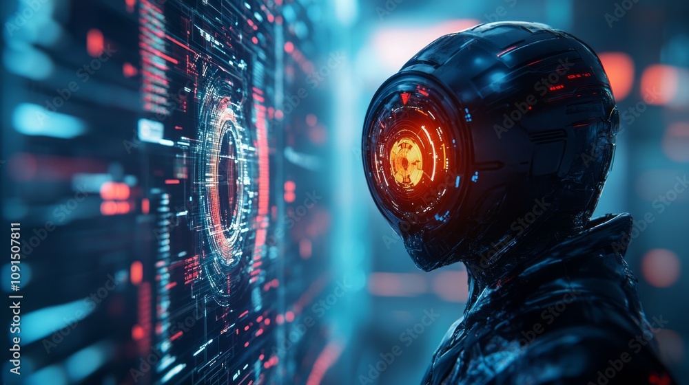 Poster a futuristic humanoid figure interacts with a digital interface in a high-tech environment.