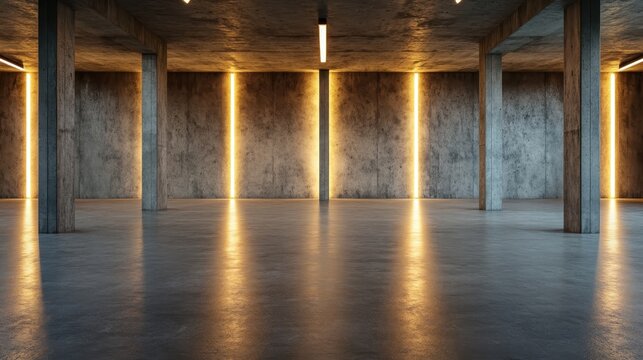 A large, spacious room featuring concrete pillars and warm vertical lighting, providing a versatile backdrop suitable for various activities or events.
