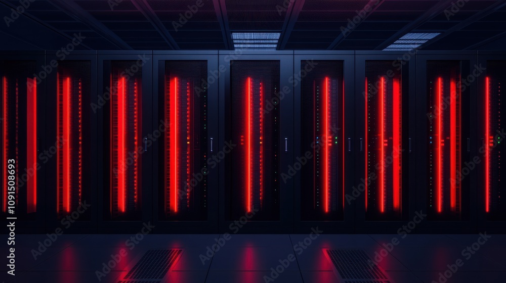 Poster firewalls and cybersecurity protect against security risks. moody red and black server room setup