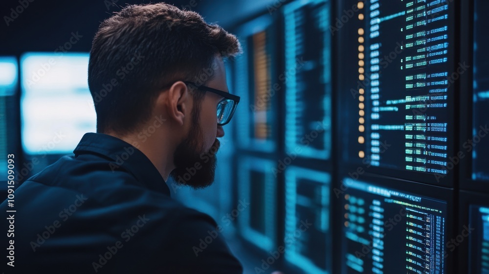 Poster firewalls and cybersecurity protect against security risks. cybersecurity analyst working with predi