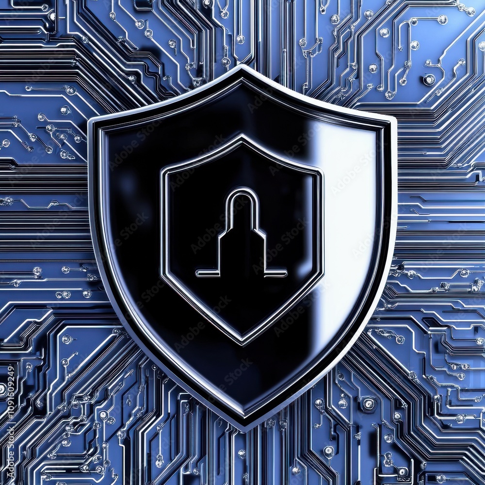 Poster a sleek metallic shield symbolizing cybersecurity stands against a backdrop of intricate circuit boa