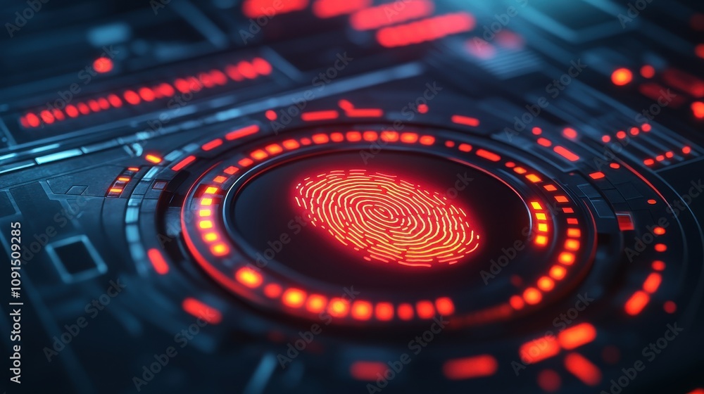 Poster firewalls and cybersecurity protect against security risks. close-up of fingerprint scanner interfac