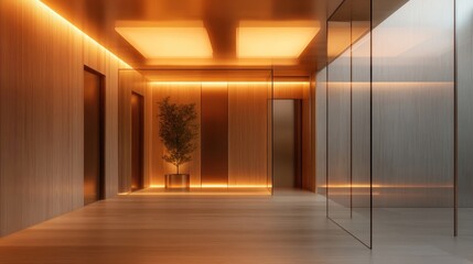 Minimalistic interior design featuring warm ambient lighting highlights sleek lines and soft textures, conveying tranquility and modern sophistication in a serene space.