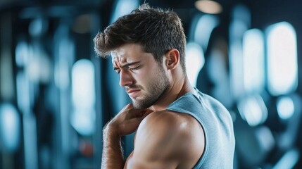 a man with his hand on his shoulder in a gym