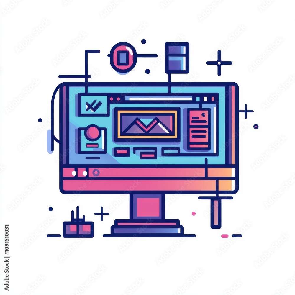 Poster a vibrant digital illustration of a computer monitor displaying graphic design elements, perfect for