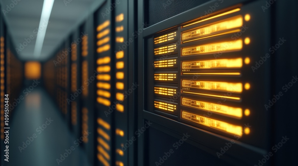 Poster firewalls and cybersecurity protect against security risks. data center with illuminated server ligh
