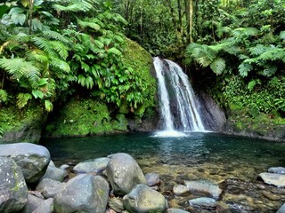 cascade des écrevisses in the jungle in Basse Terre, Guadeloupe. Scenic waterfall with a blue pond with lush green jungle in Petit Bourg
