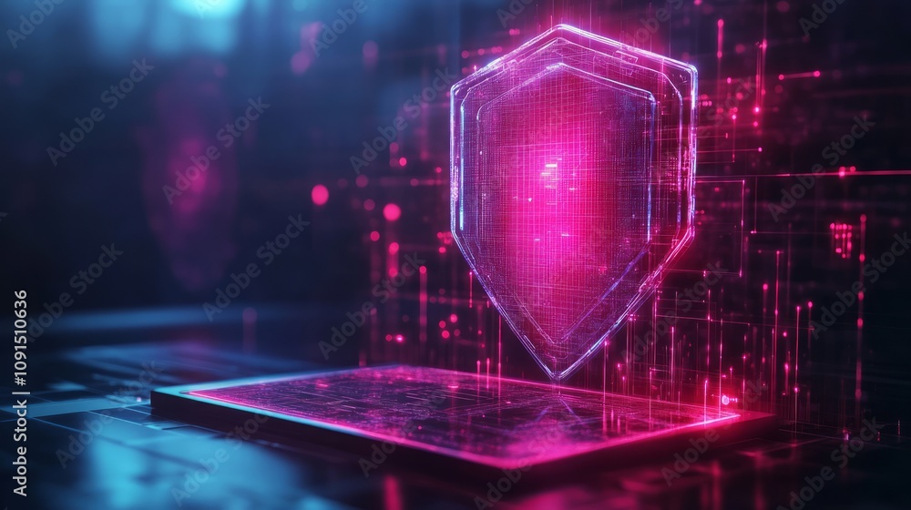 Poster a glowing shield icon representing cybersecurity in a digital environment.