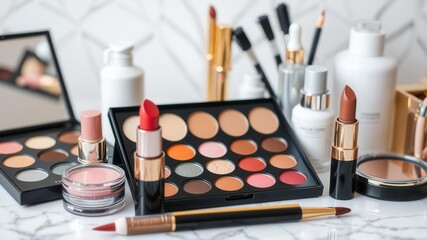 A close-up shot of various cosmetic products including lipstick, eyeshadows, and brushes on a marble countertop, packaging, beauty essentials