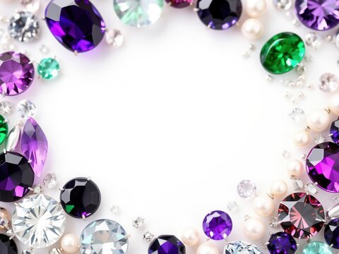 A collection of sparkling jewels on a sleek grey background, diamonds, topaz