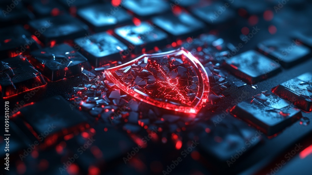 Poster a glowing shield symbol on a keyboard, representing cybersecurity and digital protection.