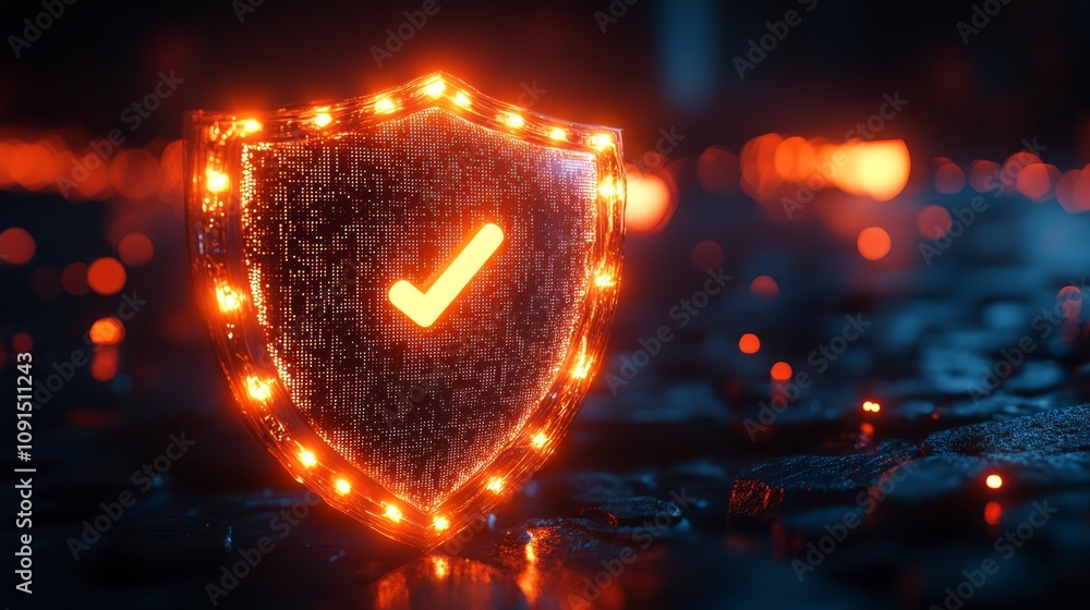 Poster a glowing shield with a check mark, symbolizing security and trust in a digital environment.