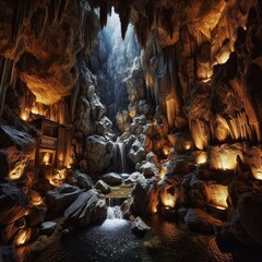 Cave Retreat Rough stone walls dim lighting and a water feature