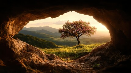 A picturesque sunset view captured through the entrance of a cave, highlighting a blooming tree standing alone in a lush grassy field with mountain backdrop.