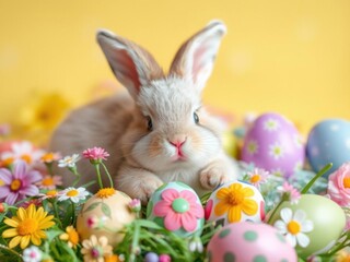 A colorful Easter background with assorted decorated Easter eggs, spring flowers, and a fluffy Easter bunny, cheerful, celebration
