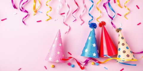 Obraz premium A festive and colorful birthday background featuring balloons, confetti, streamers, and party hats, birthday, texture