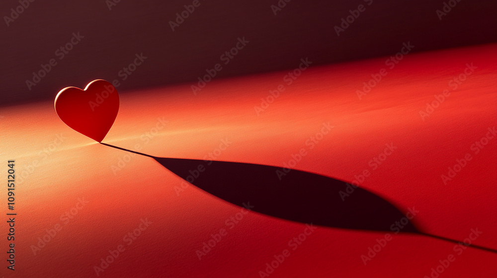 Poster heart shape casting shadow on red surface showing contrast in light and color