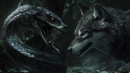 Obraz premium A fierce confrontation between a snake and a wolf in a dark, mysterious forest setting.
