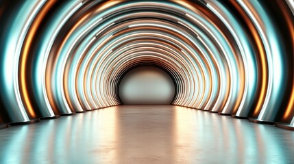 Obraz premium A futuristic tunnel with glowing arches and reflections, featuring a smooth concrete floor and ambient lighting, creating an otherworldly atmosphere.