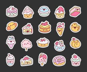Cute kawaii cartoon sweets and dessert characters with adorable and playful expressions for kids and creative design projects