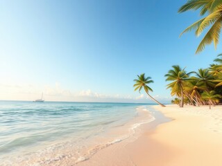 Obraz premium A peaceful and serene beach background with golden sand, clear blue water, and palm trees swaying in the gentle breeze, coastal, paradise