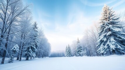 Fototapeta premium A peaceful winter background with snow-covered trees and a sparkling blue sky, cold, trees