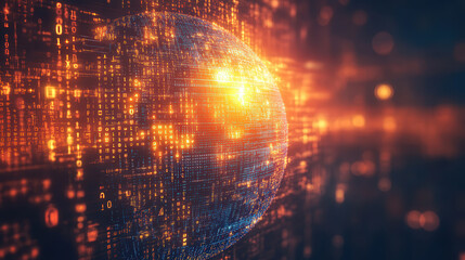 Fototapeta premium A glowing holographic Earth surrounded by data streams and binary codes, symbolizing global digital connectivity