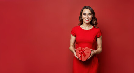 Smiling Woman in Red Dress Holding Heart-Shaped Gift Box Against Red Background. National wear red day