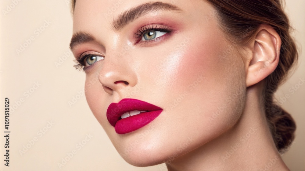 Poster the portrait highlights a vivid raspberry lip color paired with a soft creamy background. the subtle