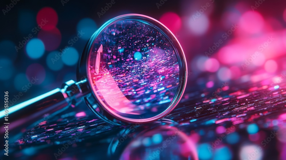 Poster a magnifying glass reflecting colorful bokeh lights on a surface, creating a vibrant atmosphere.