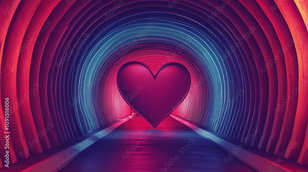 Poster vibrant heart shapes illuminate a colorful tunnel in an artistic display