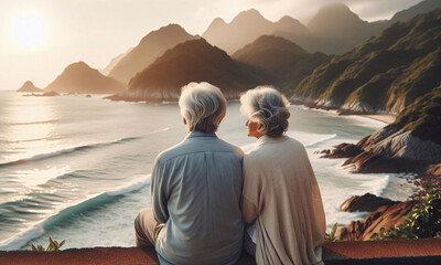 Fototapeta premium Ein entspanntes Senioren Paar sitzt an einem Strand und schaut aufs Meer, copy space